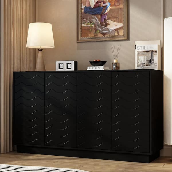 Black 31.5 in. H Accent Cabinet, Office Storage Cabinet, Sideboard, Bookcase with 4-Shelf and 4 Wave Line Doors