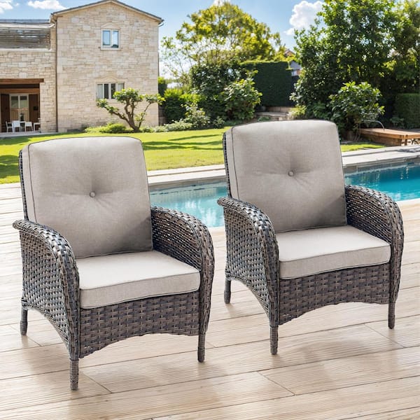 moosprr Patio Brown Wicker Outdoor Lounge Chair with Beige Cushions and Flat Armrest (2-Pack)