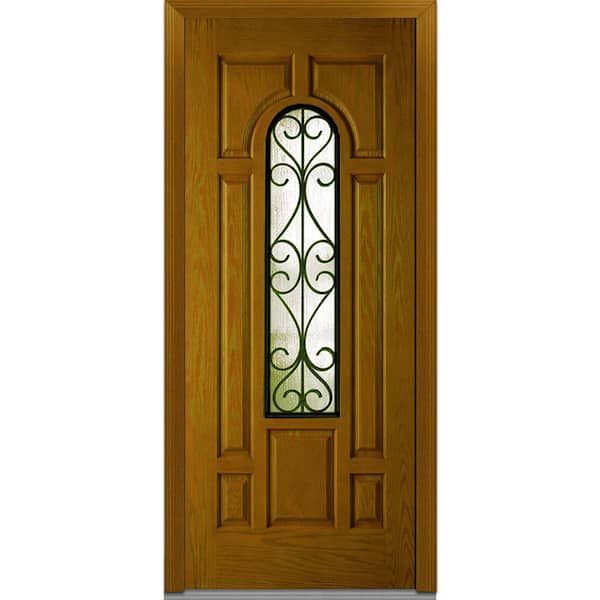 MMI Door 36 in. x 80 in. Camelia Right-Hand 3/4-Lite Decorative 7-Panel Midcentury Stained Fiberglass Oak Prehung Front Door