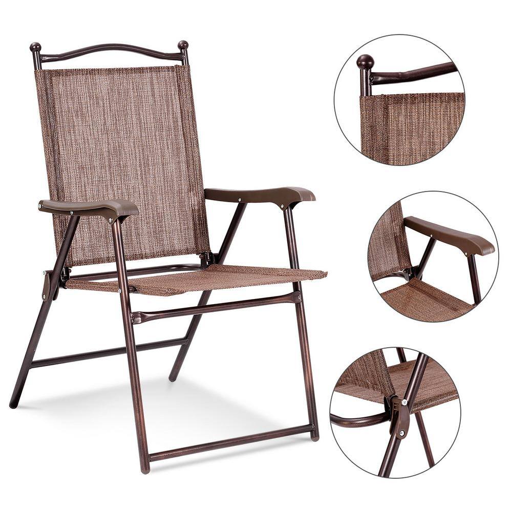 Brown Steel Frame Folding Patio Chairs Set of 2