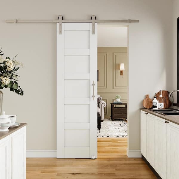 ARK DESIGN 24 in. W. x 80 in. White Primed 5 Lite Pattern Paneled MDF Sliding Barn Door with Hardware Kit Nickel Plated