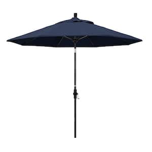 9 ft. Matted Black Aluminum Market Patio Umbrella with Collar Tilt Crank Lift in Spectrum Indigo Sunbrella