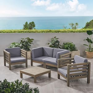 Oana Grey 5-Piece Wood Patio Conversation Seating Set with Dark Grey Cushions