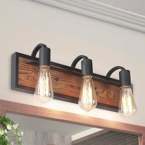 Modern Industrial Matte Black Bathroom Pipe Vanity Light Rustic 3-Light Wall Sconce with Rectangle Solid Wood Backplate