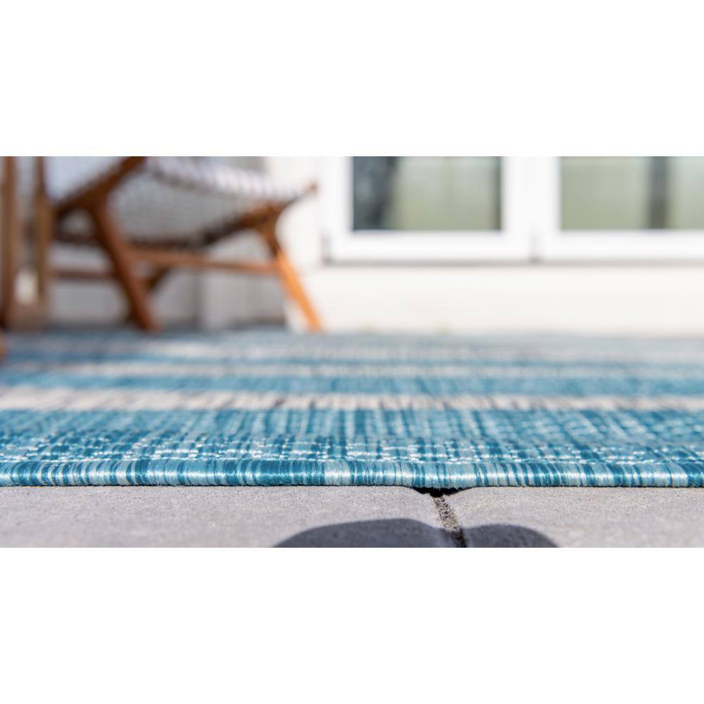 Aqua Blue and Ivory Stripe 6' x 9' Easy-Care Outdoor Rug