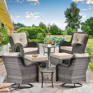 Gray 8-Piece Wicker Patio Conversation Set Swivel Rocking Chairs with Beige Cushions and Ottomans