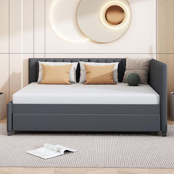Alvara Modern Gray Linen Tufted Upholstered Wood Frame Full Size Daybed with Trundle