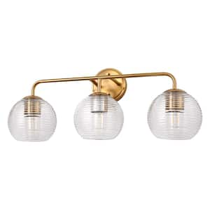 Modern 25 in. 3-Light Gold Vanity Light Fixture with Globe Textured Glass Shades for Over Mirror and Bathroom