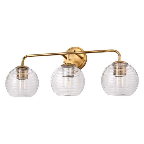YANSUN 25 in. Gold 3-Light Vanity Light with Globe Textured Glass Shades, Modern Bathroom and Over Mirror Lighting