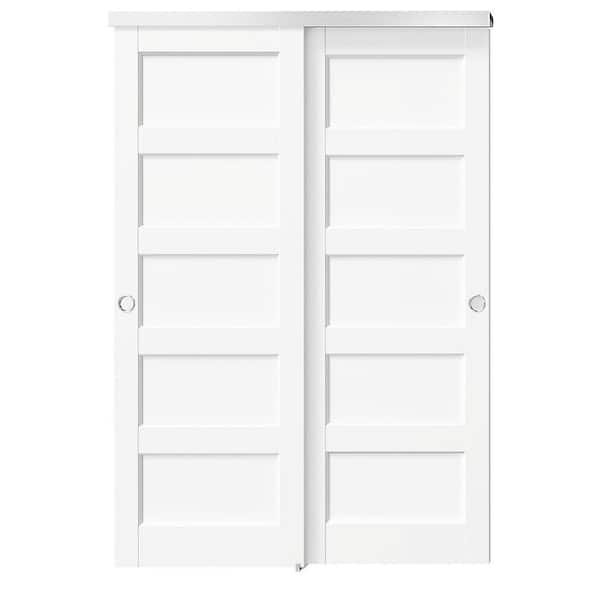 48 in. x 80 in. White, Solid Core, MDF and DIY Painted Double 5 Panel Bypass Sliding Door with Aluminium Hardware