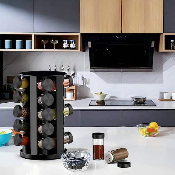1-Tier Black Rotating Cabinet and Countertop Spice Rack Organizer with 20-Jars for Kitchen Seasoning Storage