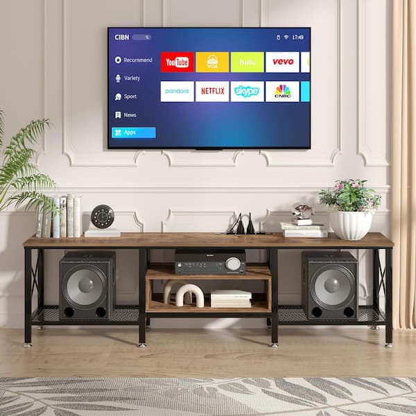 VECELO TV Stand with Power Outlets, Brown TV Console for 75 in. Industria Media Entertainment Center with Charging Station