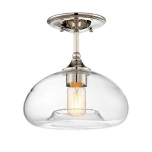 Meridian 10.75 in. W x 10.5 in. H 1-Light Polished Nickel Semi-Flush Mount Ceiling Light with Clear Glass Shade