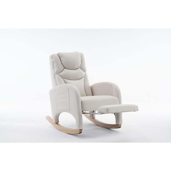 Tenleaf Natural Wood Outdoor Rocking Chair with Beige Cushion, Adjustable Footrest