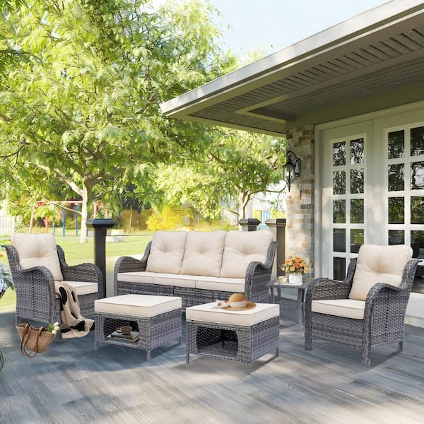 Gray 6-Piece Wicker Outdoor Furniture Patio Conversation Set Armrchairs Sofa and Ottomans with Beige Cushions