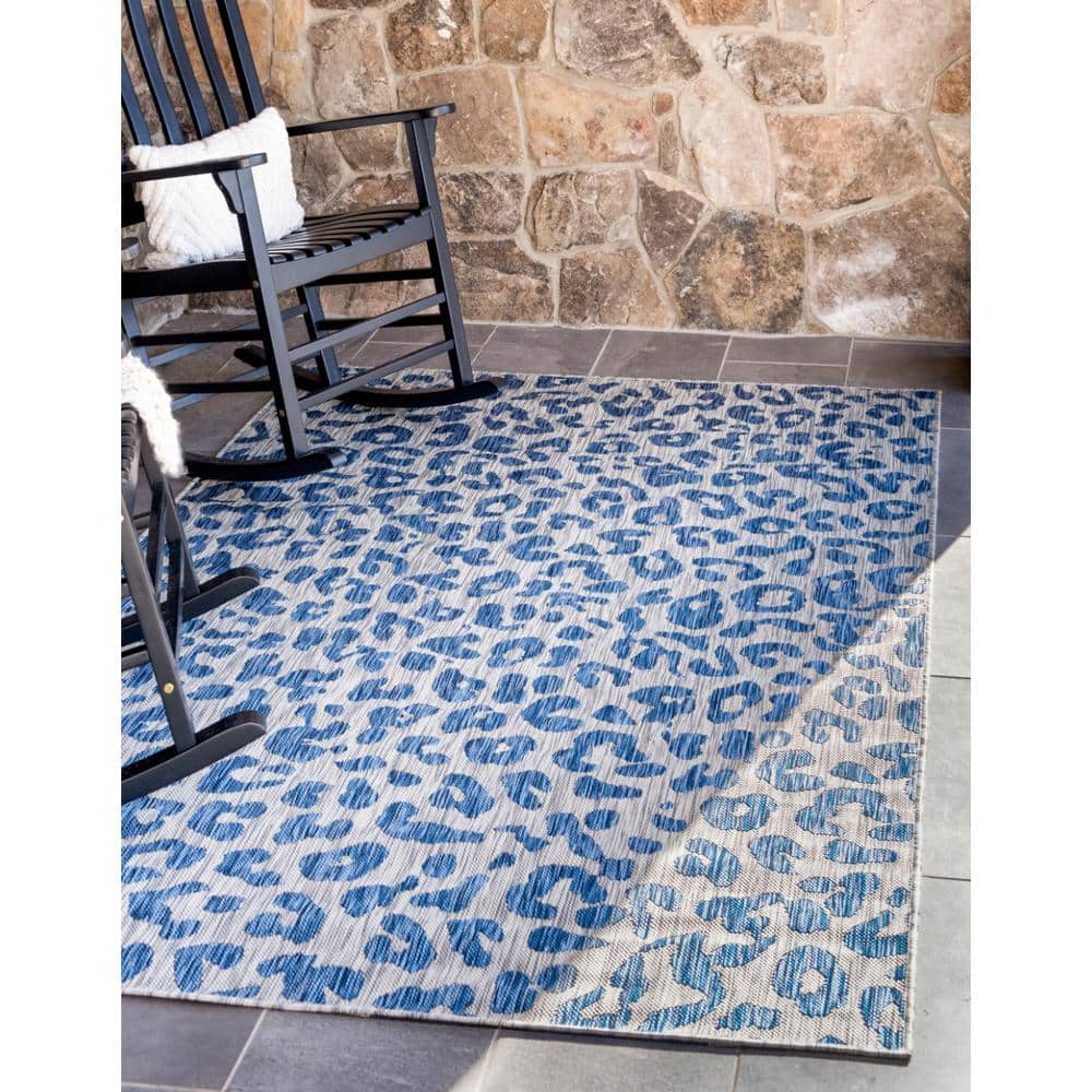 Modern Abstract Blue Outdoor Rug 5' x 8' Synthetic Flatweave