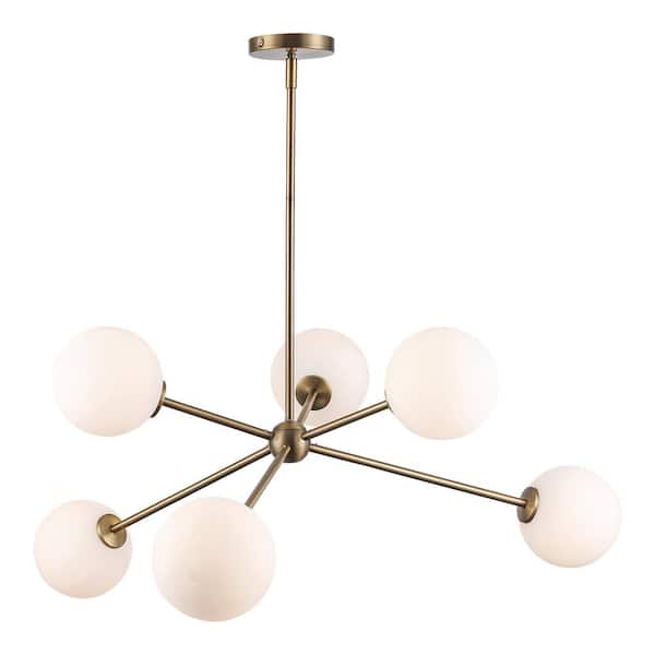 39 in. 6-Light Gold Sputnik Pendant Light Fixture with Frosted Glass Globe Shades