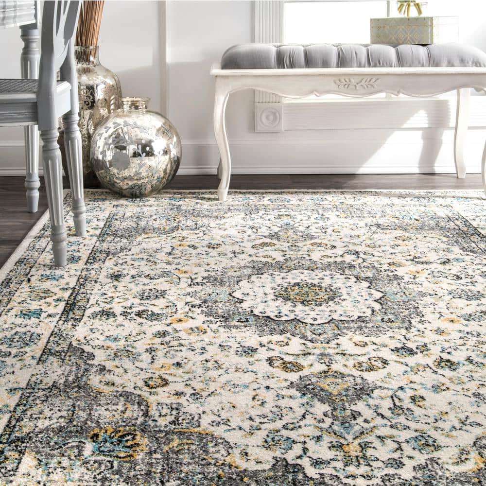 Gray and Beige Round Synthetic Persian Style Area Rug