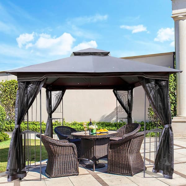 Coporesell 10 ft. x 10 ft. Outdoor Gray Steel Gazebo with Polyester Double Roof and Netting