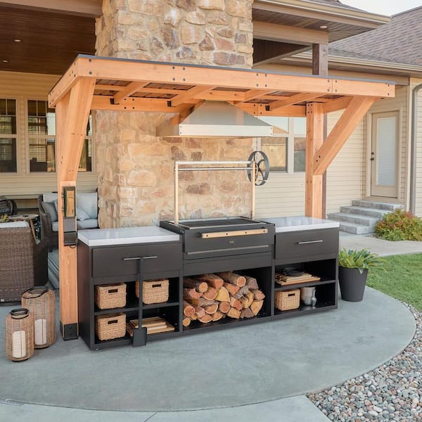 Timber Rock Wood/Charcoal Argentine Grill Island Outdoor Kitchen Cooking Station in Brown w/ Galvanized Steel & Quartz