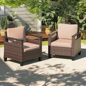 2-Pieces Brown PE Wicker All Weather Patio Conversation Chairs Set with Thick Sand Cushions