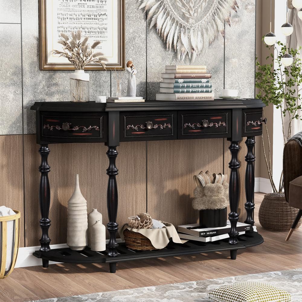 GODEER 52 In. Black Rectangle Wood Console Table Sofa Table Entryway ...