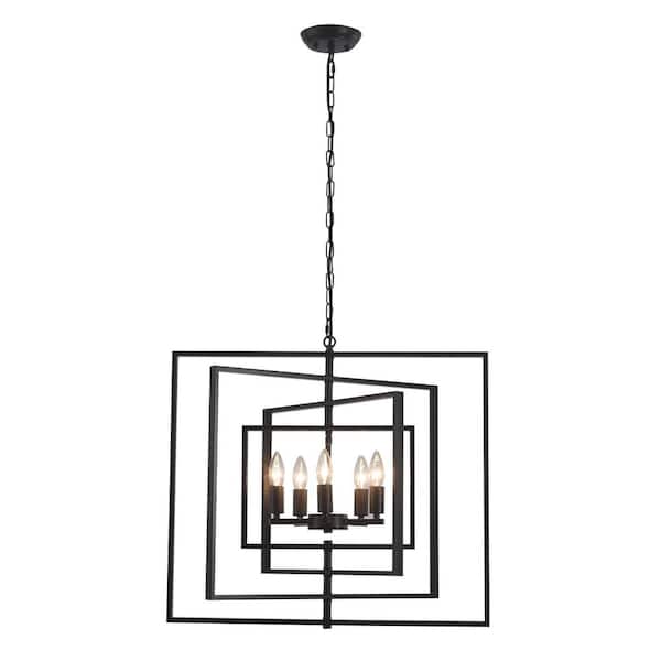5-Light Black Dimmable Modern Lantern Linear Square Geometric Candle Chandelier for Hallway with No Bulbs Included