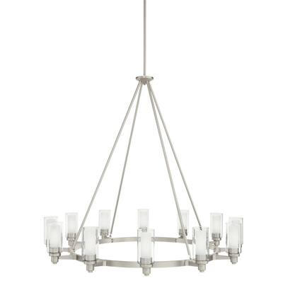 Circolo 12-Light Brushed Nickel Round Chandelier with Clear Outer and Satin Etched Inner Glass Shade