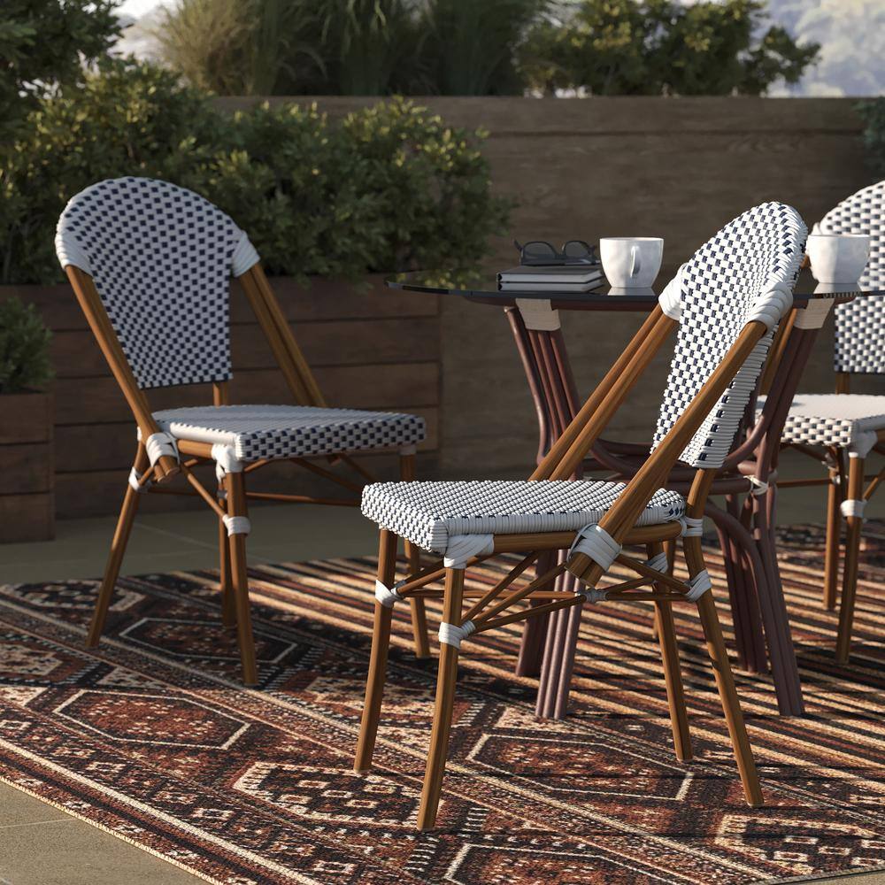 White and Navy Checkered PE Rattan Armless Side Chairs