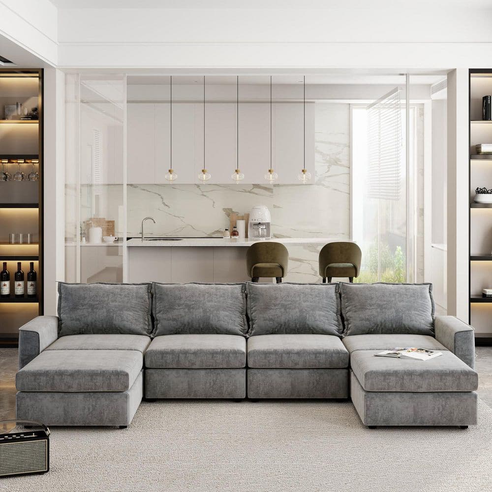 115 in. Chenille Modular U-Shaped 6-Seat Sectional Sofa Bed in. Gray with O