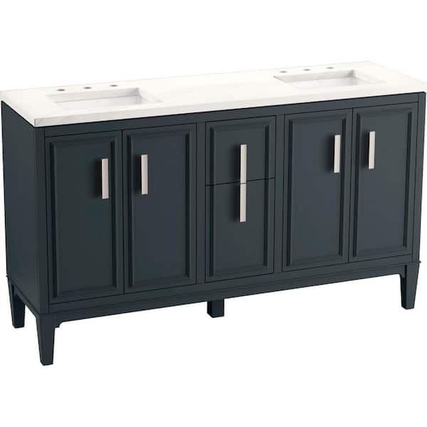 Southerk 60.43in. Double Sink Freestanding Slate Grey Bath Vanity with White Quartz Top Assembled