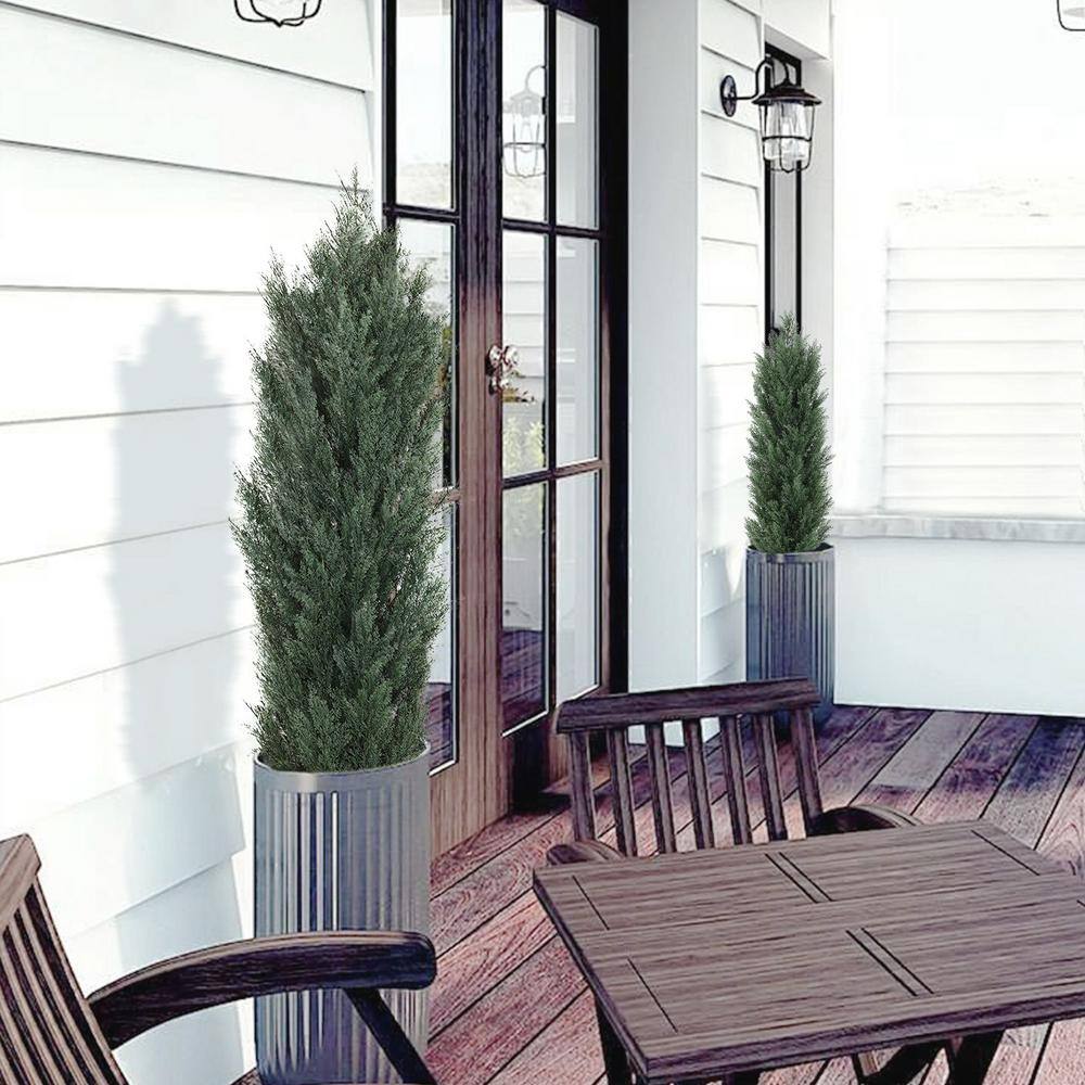 59" Dark Green Cedar Artificial Topiary Trees in Black Cement Pots, Set of 2