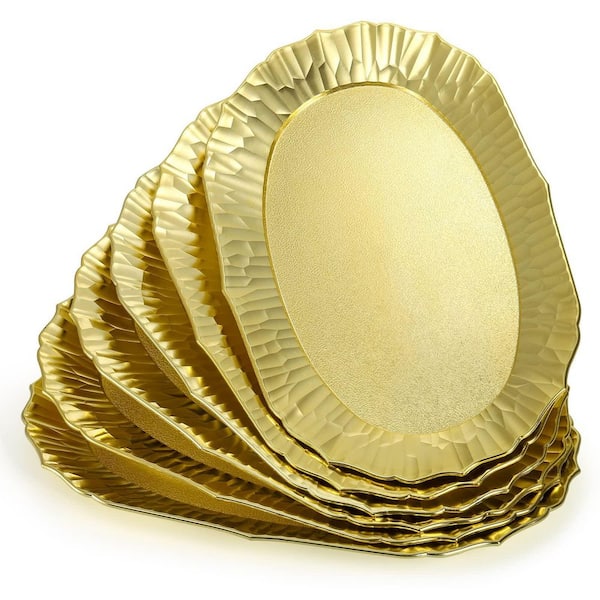 14 in. x 8.5 in. Gold Plastic Oval Platter (Set of 6), Reusable Party Snack Serving Tray, Food Appetizer Platters