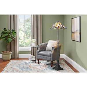 Fallsdale 62 in. 2-Light Matte Black Floor Lamp with Tiffany Glass Shade