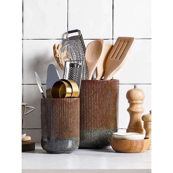 Dark Olive Ceramic Kitchen Utensil Holder for Countertop, Large Cooking Utensil Crocks for Kitchen Counter Decor