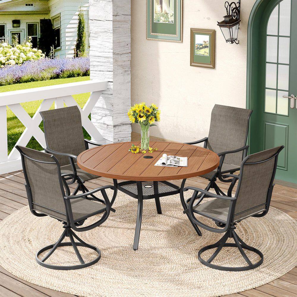 All Weather 5-Piece Metal Outdoor Patio Dining Set with 40.6 in. Walnut Round Table and 4 Brown Swivel Dining Chairs price history on PriceWatchPro