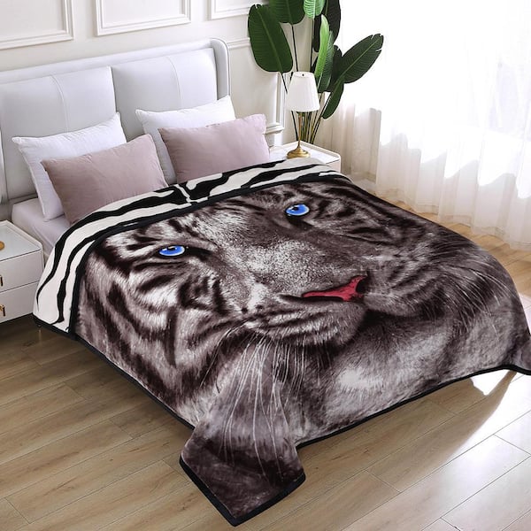 JML Black White Tiger 83 in. x 91 in. Reversible Printed Polyester