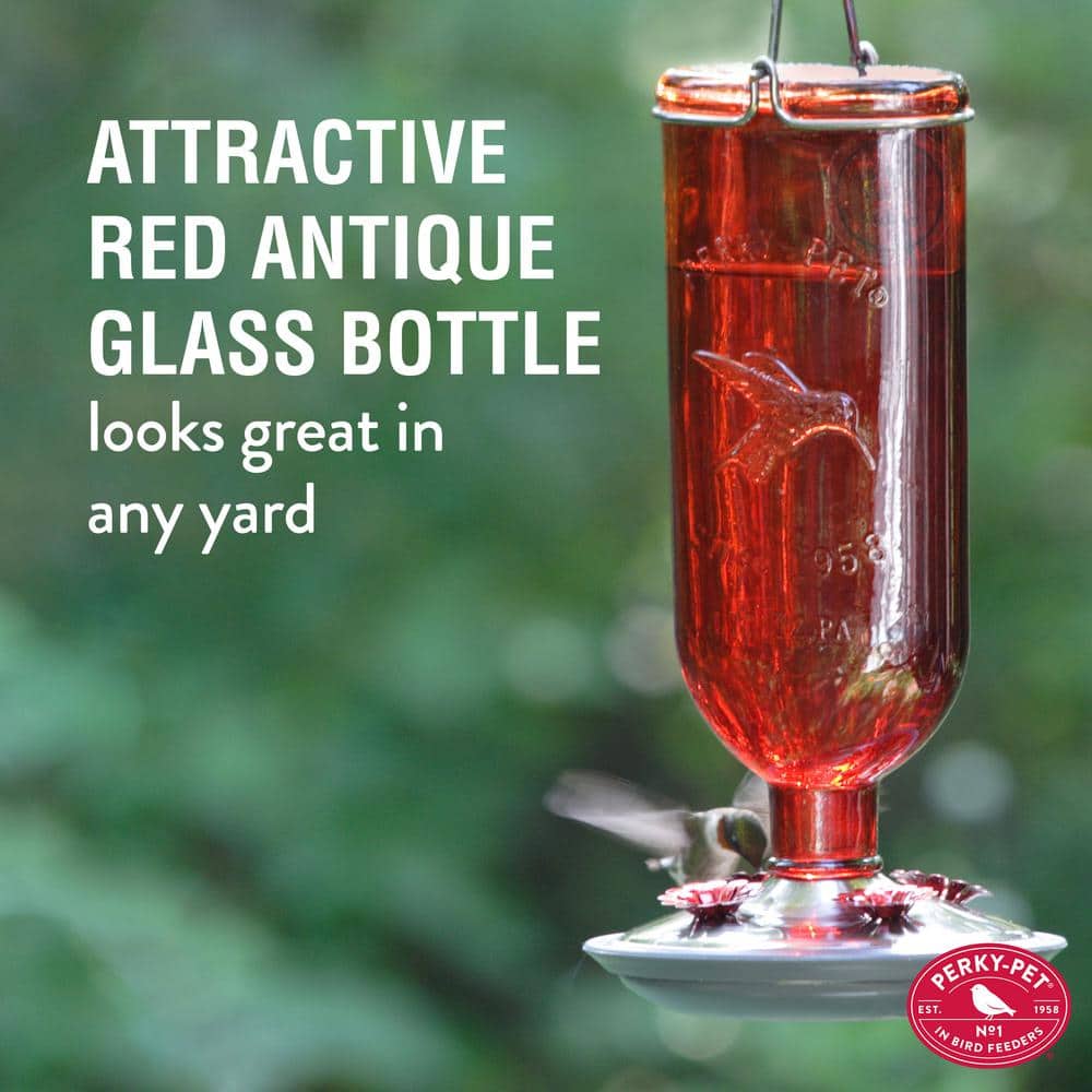 Red Antique Hanging Glass Hummingbird Feeder with Metal Accents