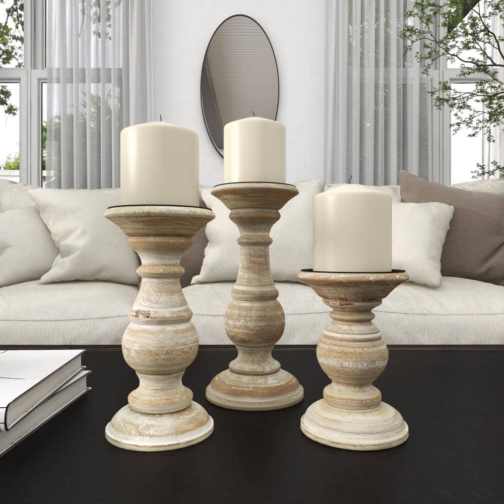Winter Elegance Cream Mango Wood Pillar Candlestick Trio