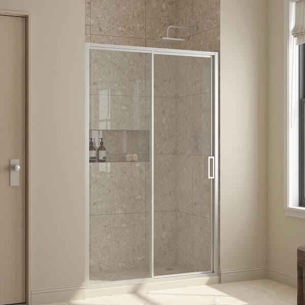 Stanford 47.99 in. W x 74.02 in. H Sliding Framed Shower Door with Clear Glass in Satin Nickel