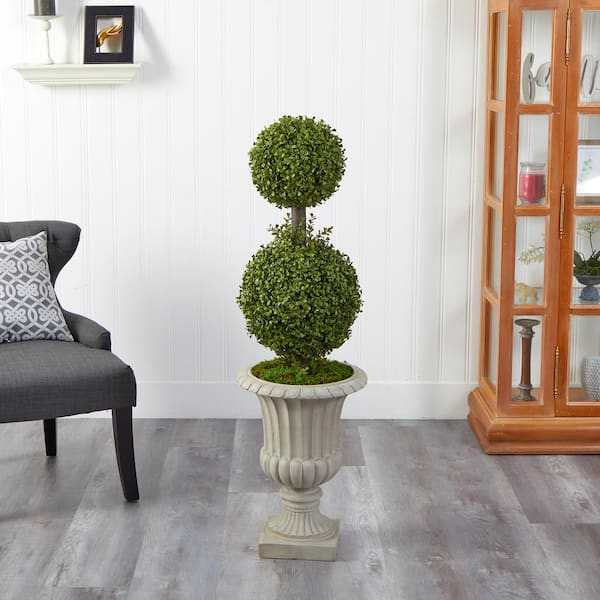 Nearly Natural 4 ft. Double Boxwood Topiary Artificial Tree in Sand Finished Urn