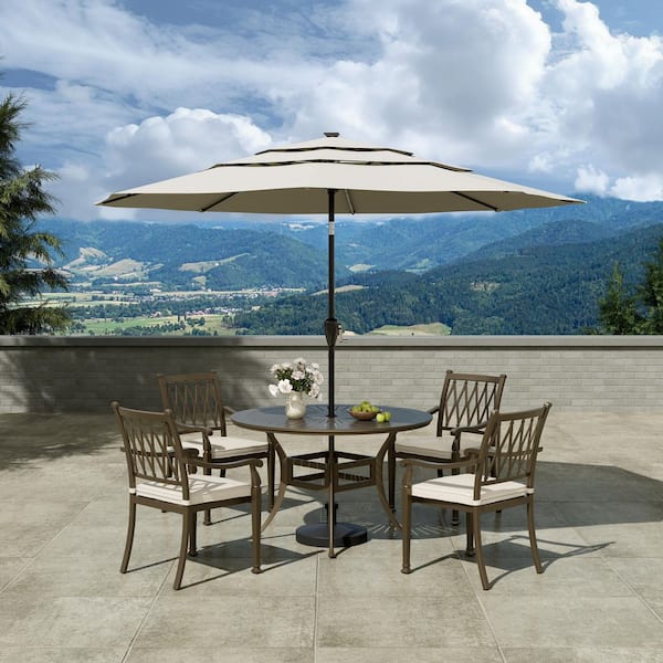 Mondawe 5-Piece 48 in. Round Table Brown Cast Aluminum Outdoor Dining Set with 4-Dining Chairs and Beige Cushions