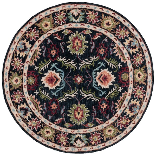 Blossom 6 ft. x 6 ft. Black/Ivory Border Ornate Round Area Rug