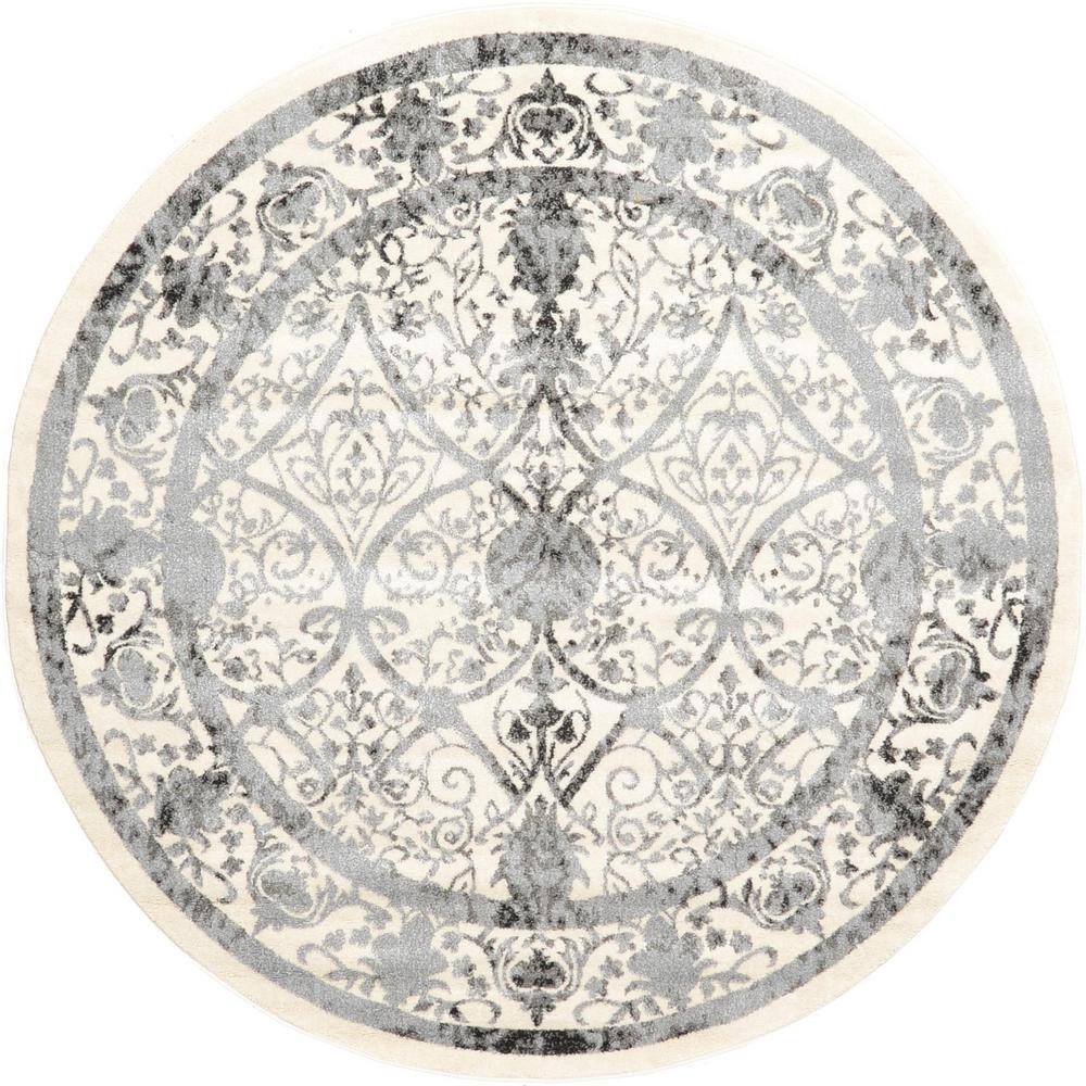 Miranda Ivory and Gray Round Synthetic Easy-Care Rug, 6' Diameter