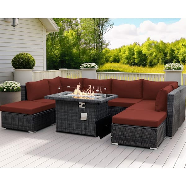 Backyard 9-Piece Patio Gray Rattan Deep Seating Sectional Sofa Set with Fire Pit Table Burgundy Cushions and Ottomans