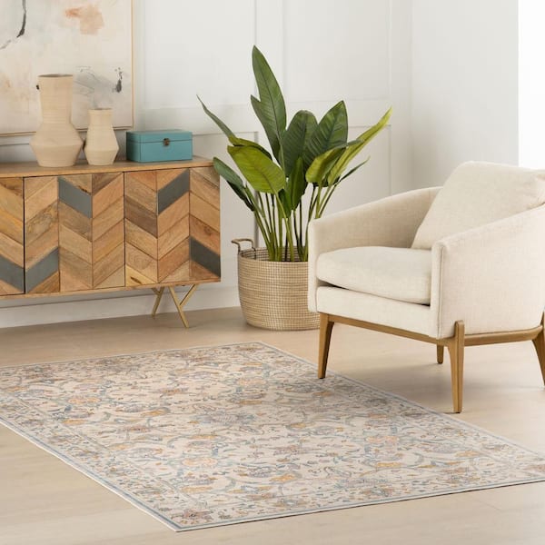 Veliora Floral Washable Area Beige 5 ft. x 7 ft. Indoor Area Rug