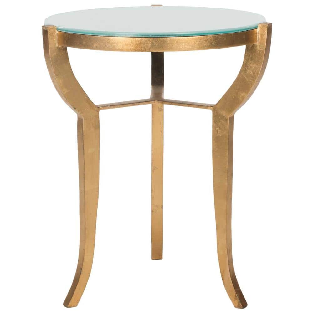 Gold and White Round Metal Glass Accent Table