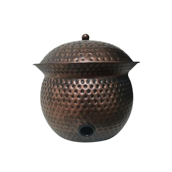 Garden Stell Hose Holder Pot with Lid, Copper Finish and Hammered Accent Hose Storage Container for Outdoor Indoor Use