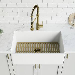 Matte Stone White Composite 30 in. Single Bowl Flat Farmhouse Kitchen Sink with Faucet, Strainer and Grid in Matte Gold