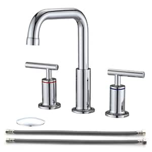8 in. Widespread Double Handle Mid Arc Bathroom Faucet with Drain Kit Included in Chrome